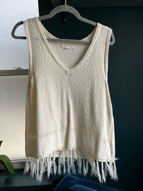 Promesa Cream V-Neck Knit Tank with Fringe Detail